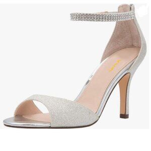 XYD Silver Glitter Open Toe Rhinestones Ankle Strap Sandals High Heel Shoes